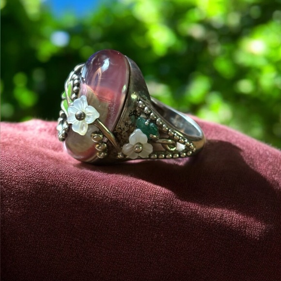 Antique Art Deco/ Nouveau Sterling Silver Amethyst Enamel Ring Chrystal flowers - Picture 1 of 4